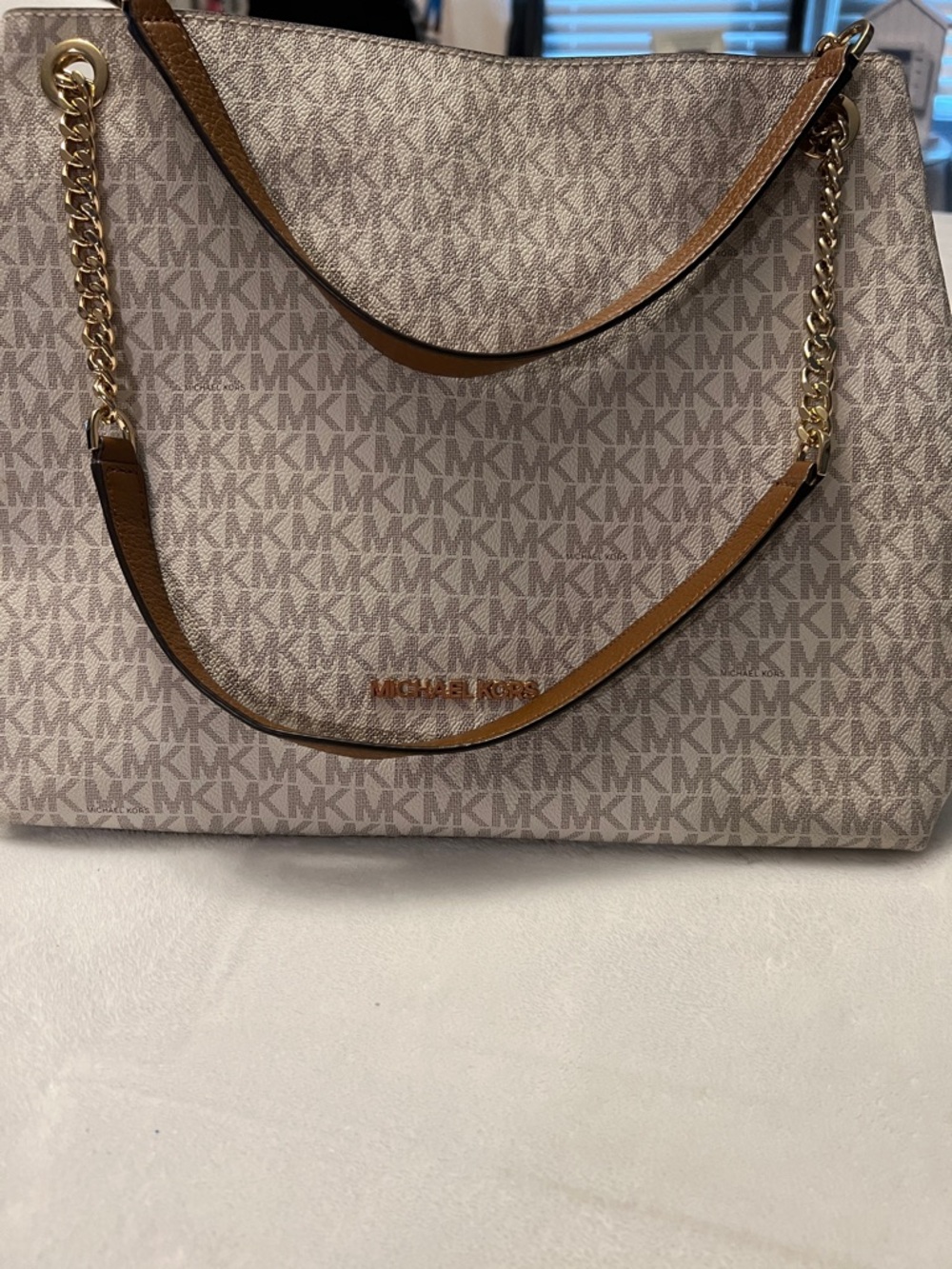 Michael Kors Tan & Cream Monogram Tote with Gold Chain Accents